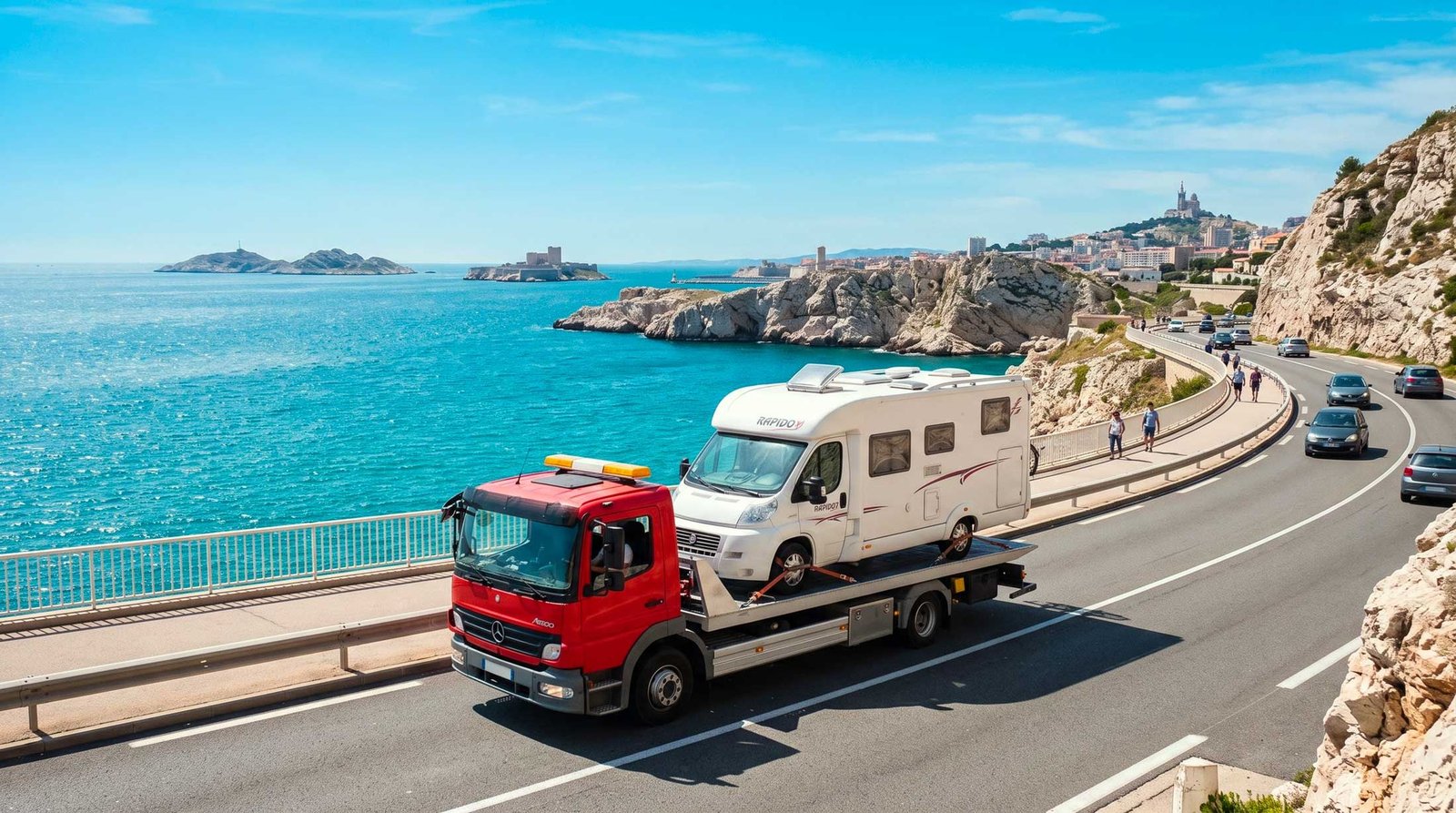 Transport d'un camping-car sur la Corniche de Marseille